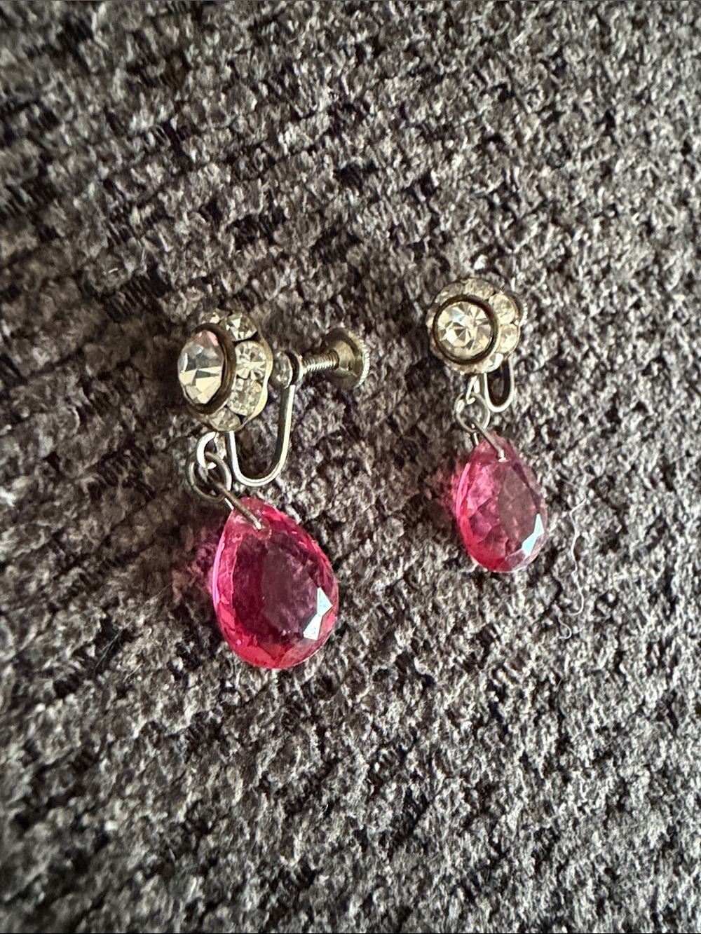 Vintage Silver Tone Clip-On Earrings with Pink Teardrop Crystals